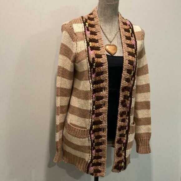 Anthropologie Cardigan with Stripes & Crochet Details Size Small Beige/Tan - Picture 3 of 14